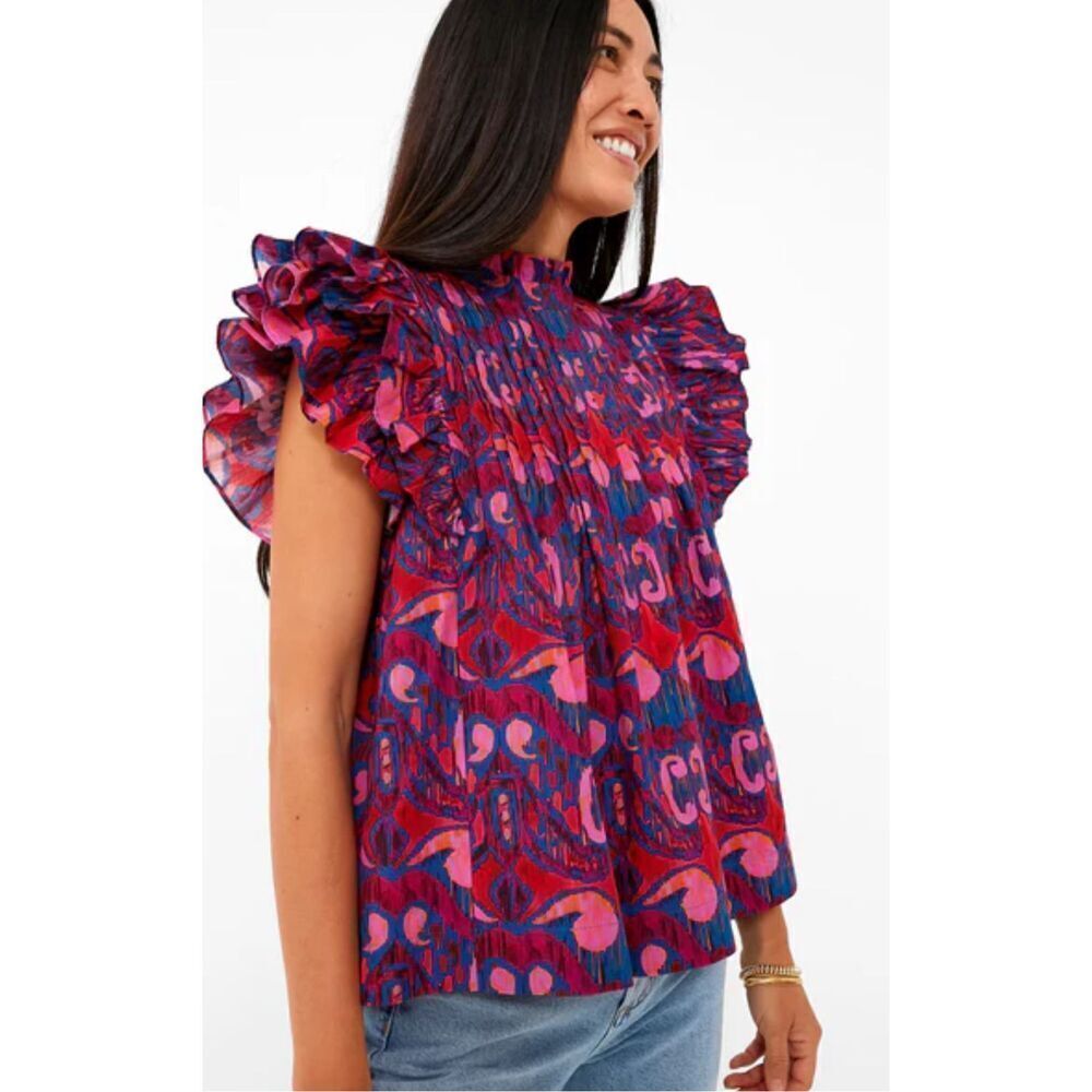 OLIPHANT Exclusive Blue Kazak Pintuck Ruffle Top $188, XXS G16